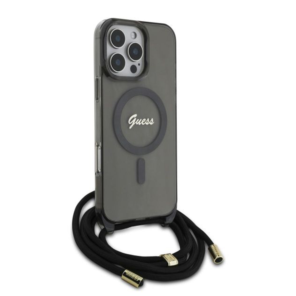 Étui MagSafe pour Apple iPhone 16 Pro, Guess, IML Crossbody Cord Script, Noir