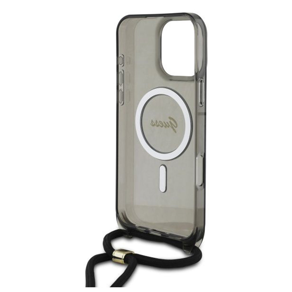 Étui MagSafe pour Apple iPhone 16 Pro, Guess, IML Crossbody Cord Script, Noir