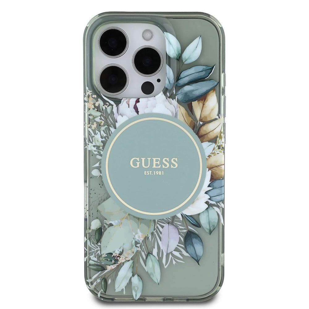 Coque MagSafe pour Apple iPhone 16 Pro, Guess, IML Flower & Tonal Circle, Vert