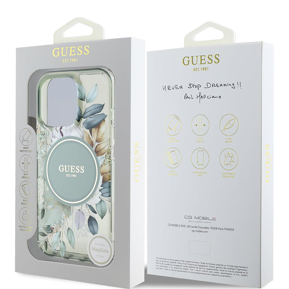 Coque MagSafe pour Apple iPhone 16 Pro, Guess, IML Flower & Tonal Circle, Vert