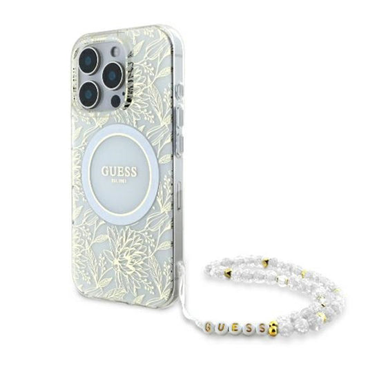 Étui MagSafe pour Apple iPhone 16 Pro, Guess, IML Flowers Allover Electroplated with Pearl Strap, Blanc