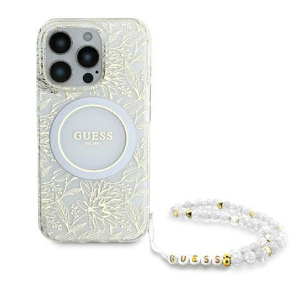 Étui MagSafe pour Apple iPhone 16 Pro, Guess, IML Flowers Allover Electroplated with Pearl Strap, Blanc