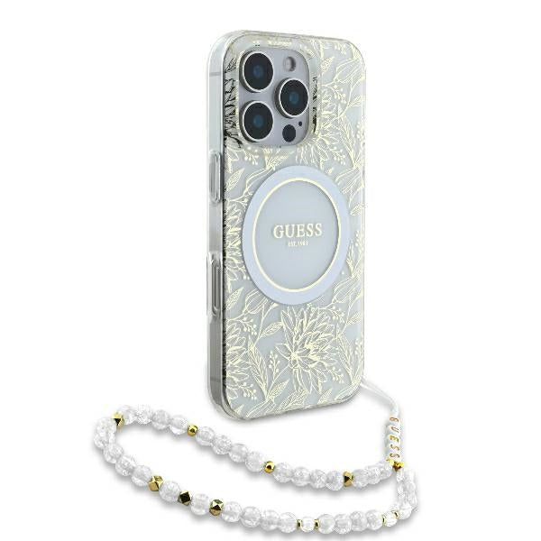 Étui MagSafe pour Apple iPhone 16 Pro, Guess, IML Flowers Allover Electroplated with Pearl Strap, Blanc