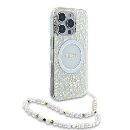 Étui MagSafe pour Apple iPhone 16 Pro, Guess, IML Flowers Allover Electroplated with Pearl Strap, Blanc