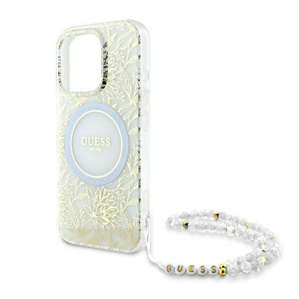 Étui MagSafe pour Apple iPhone 16 Pro, Guess, IML Flowers Allover Electroplated with Pearl Strap, Blanc