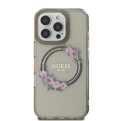 MagSafe Case for Apple iPhone 16 Pro, Guess, IML Flowers Wreath, Black