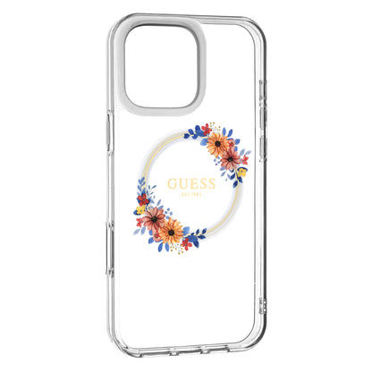 Étui MagSafe pour Apple iPhone 16 Pro, Guess, Couronne de Fleurs IML, Transparent