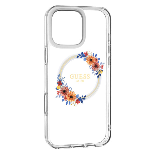 Étui MagSafe pour Apple iPhone 16 Pro, Guess, Couronne de Fleurs IML, Transparent