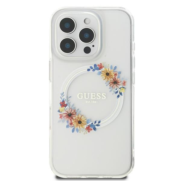 Étui MagSafe pour Apple iPhone 16 Pro, Guess, Couronne de Fleurs IML, Transparent