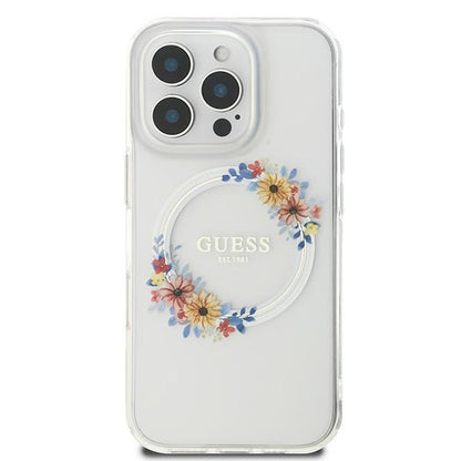 Étui MagSafe pour Apple iPhone 16 Pro, Guess, Couronne de Fleurs IML, Transparent