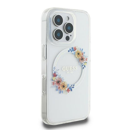 Étui MagSafe pour Apple iPhone 16 Pro, Guess, Couronne de Fleurs IML, Transparent