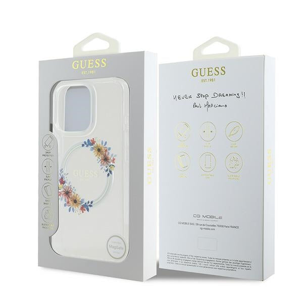 Étui MagSafe pour Apple iPhone 16 Pro, Guess, Couronne de Fleurs IML, Transparent