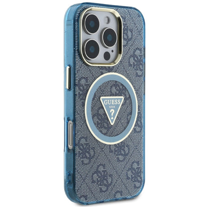 Étui MagSafe pour Apple iPhone 16 Pro, Guess, IML Glitter 4G Circle Triangle, Bleu
