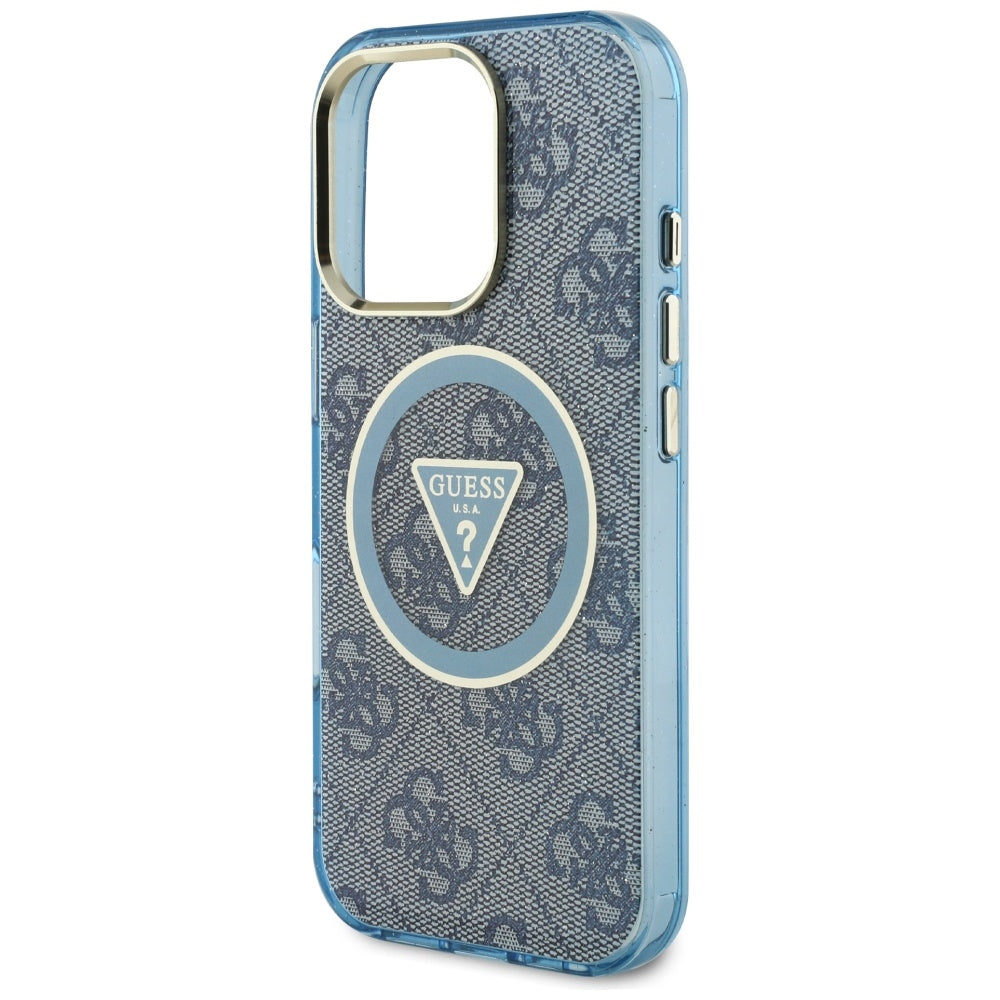 Étui MagSafe pour Apple iPhone 16 Pro, Guess, IML Glitter 4G Circle Triangle, Bleu