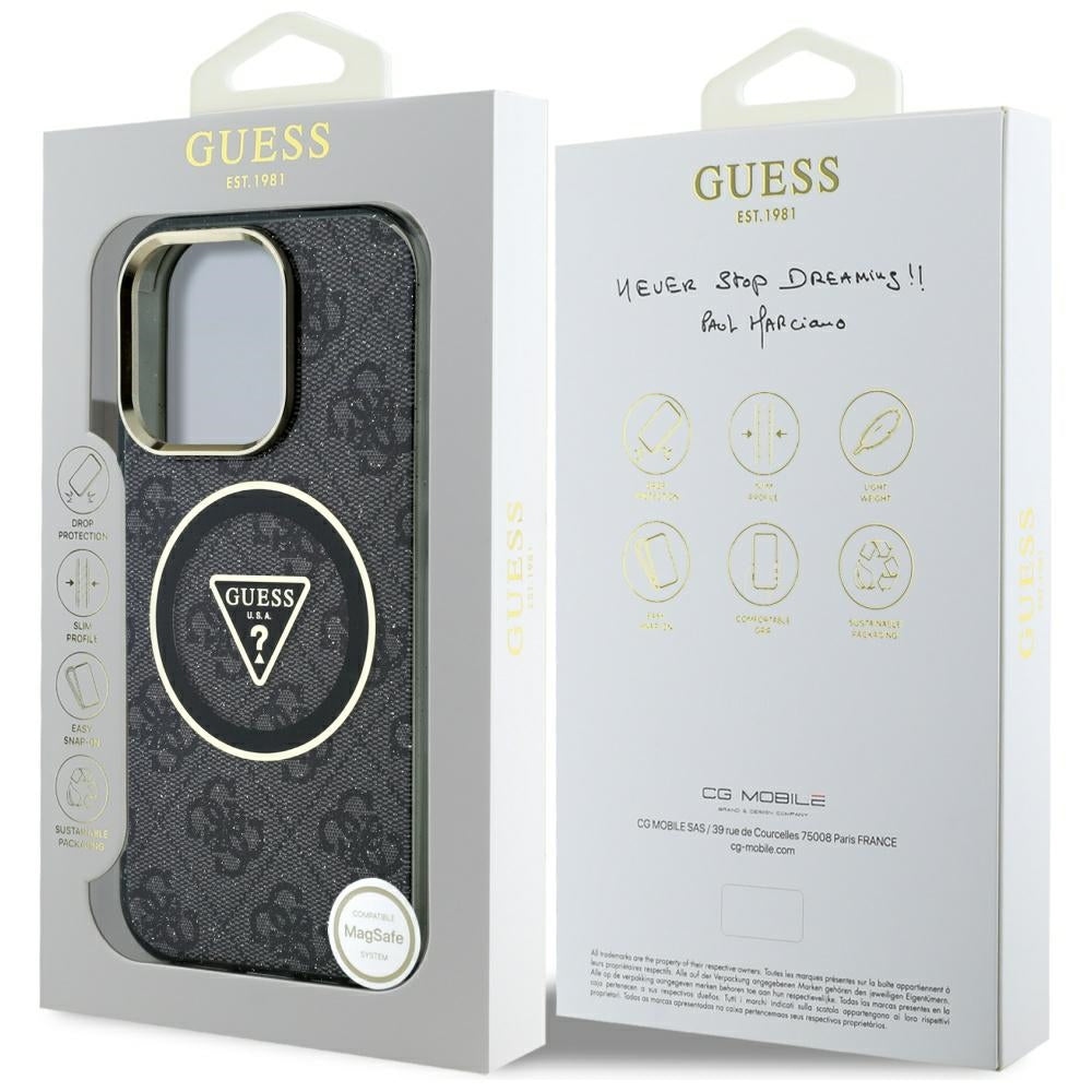 Étui MagSafe pour Apple iPhone 16 Pro, Guess, IML Glitter 4G Circle Triangle, Noir
