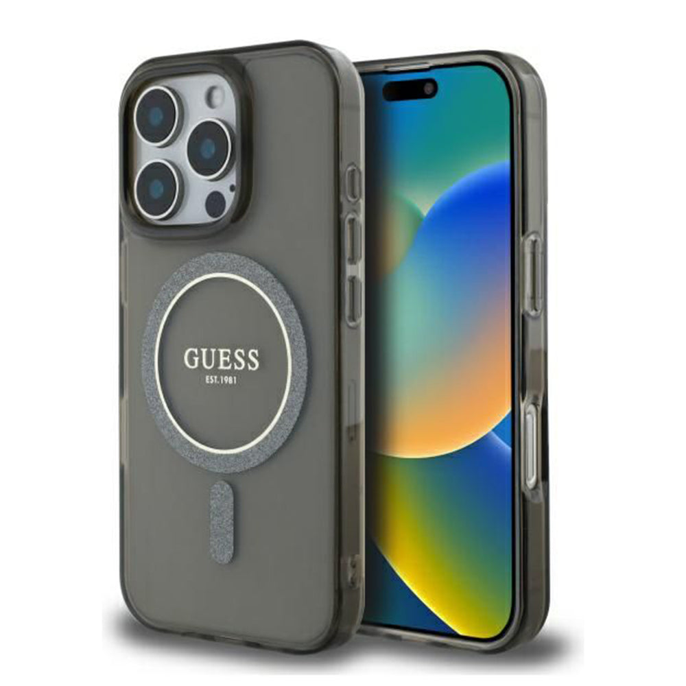Étui MagSafe pour Apple iPhone 16 Pro, Guess, IML Glitter Ring, Noir