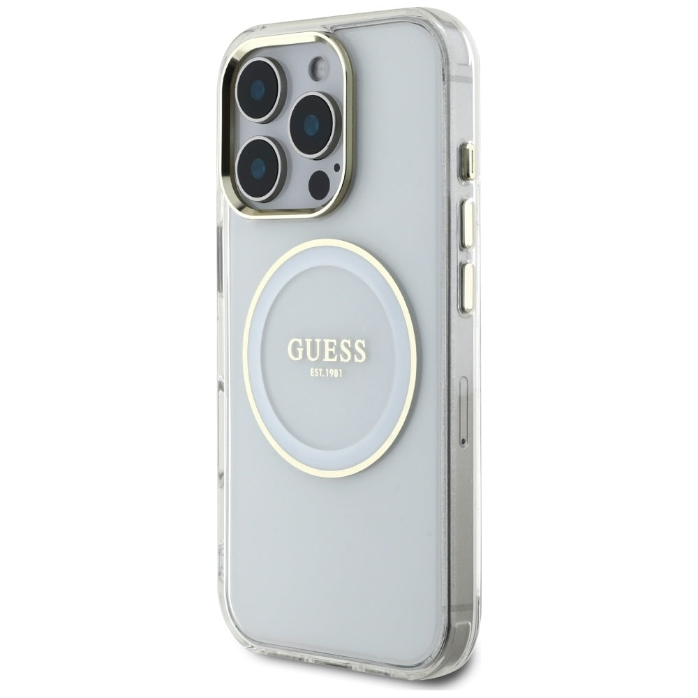 Coque MagSafe pour Apple iPhone 16 Pro, Guess, IML Cercle Métallique Coloré, Blanc