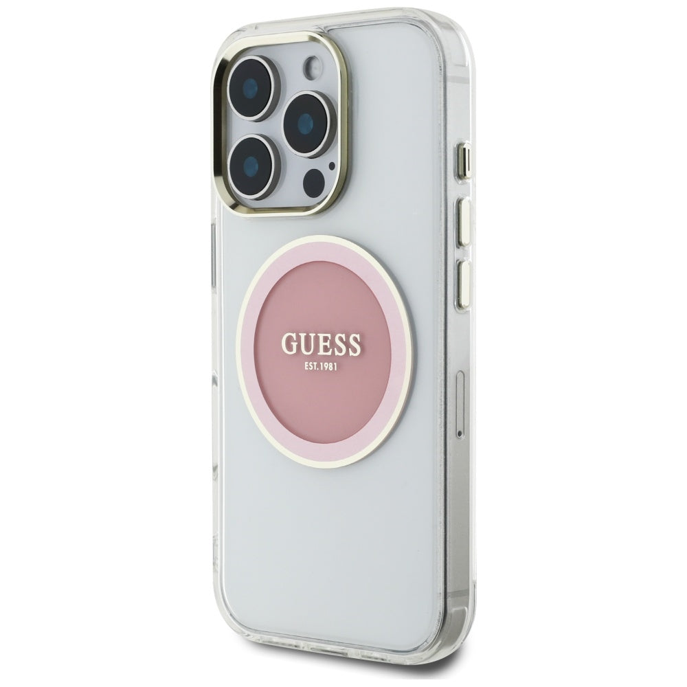 Étui MagSafe pour Apple iPhone 16 Pro, Guess, IML Cercle Métallique Coloré, Rose