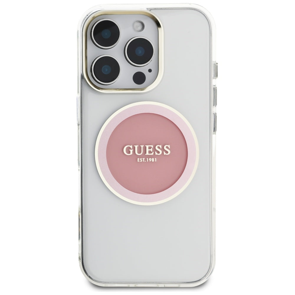 Étui MagSafe pour Apple iPhone 16 Pro, Guess, IML Cercle Métallique Coloré, Rose