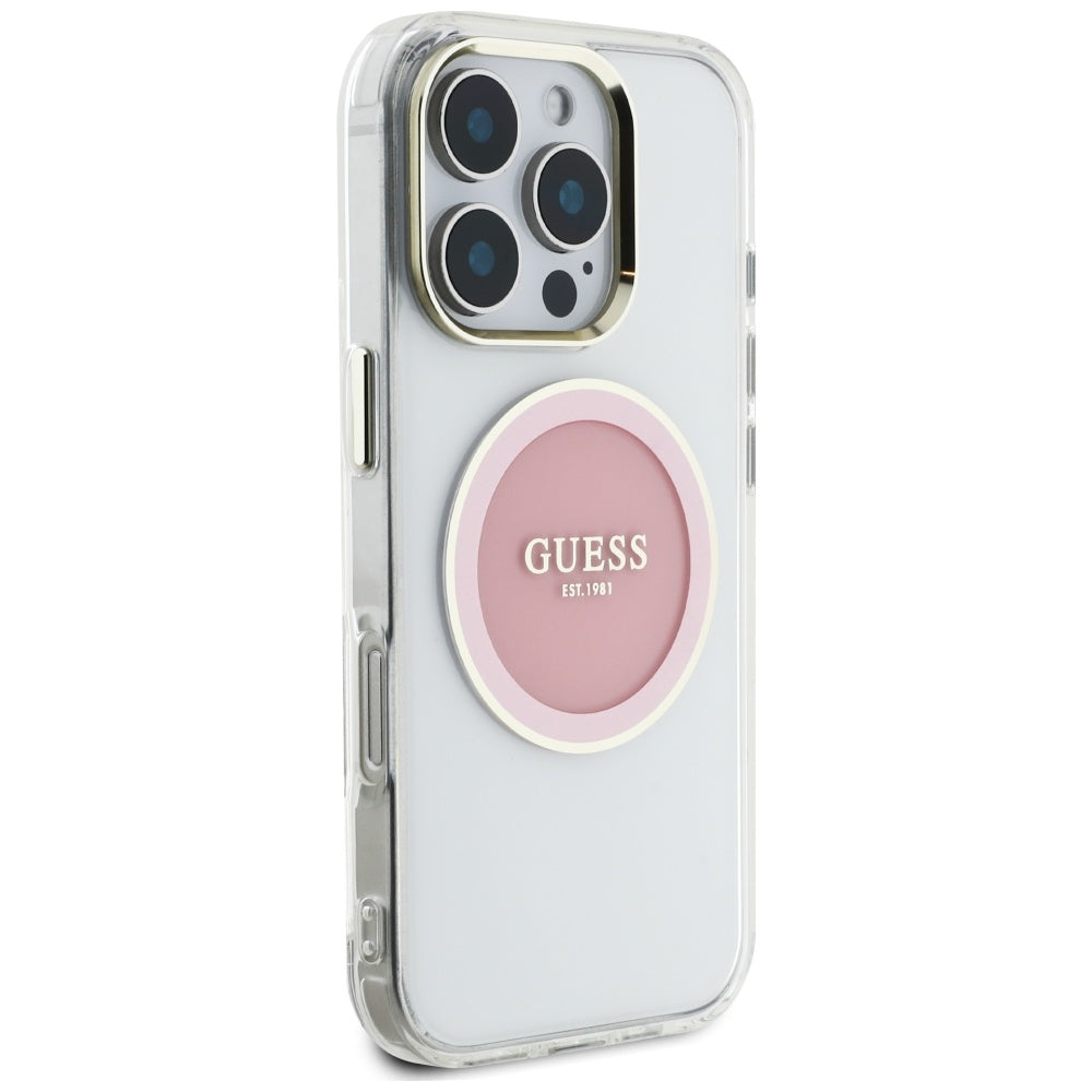 Étui MagSafe pour Apple iPhone 16 Pro, Guess, IML Cercle Métallique Coloré, Rose