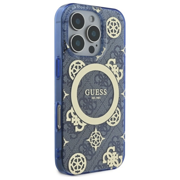 Étui MagSafe pour Apple iPhone 16 Pro, Guess, IML Peony On 4G Background, Bleu