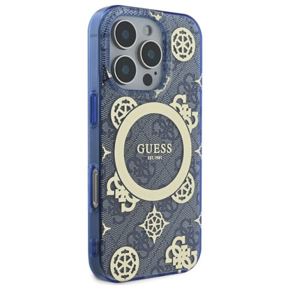 Étui MagSafe pour Apple iPhone 16 Pro, Guess, IML Peony On 4G Background, Bleu