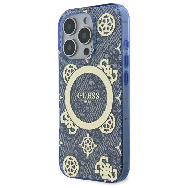 Étui MagSafe pour Apple iPhone 16 Pro, Guess, IML Peony On 4G Background, Bleu