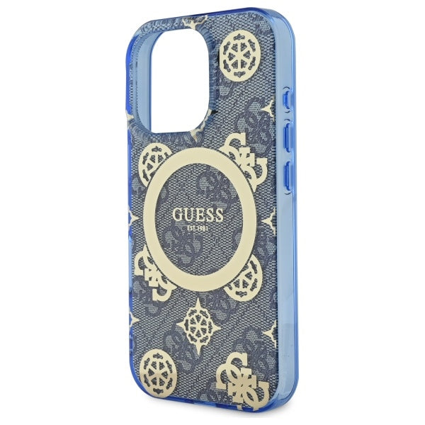 Étui MagSafe pour Apple iPhone 16 Pro, Guess, IML Peony On 4G Background, Bleu