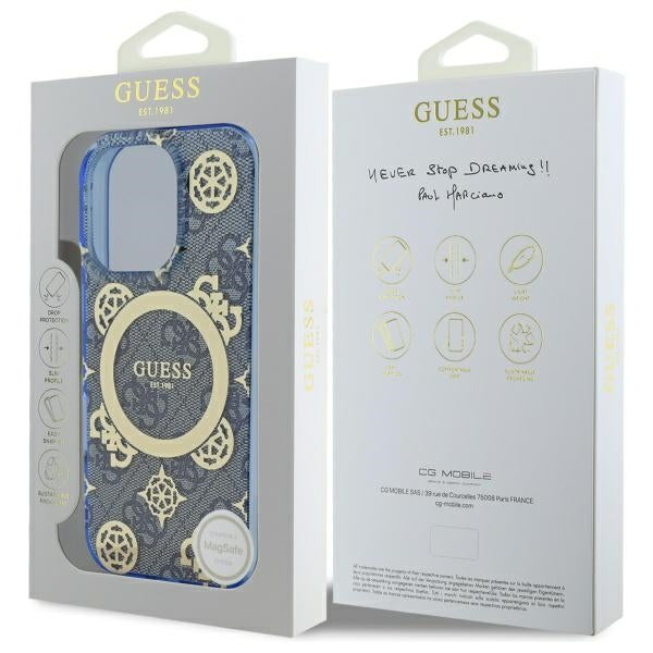 Étui MagSafe pour Apple iPhone 16 Pro, Guess, IML Peony On 4G Background, Bleu