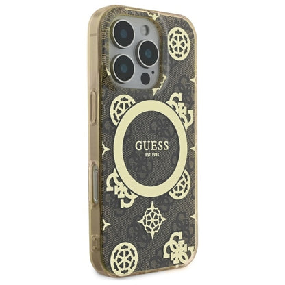 Étui MagSafe pour Apple iPhone 16 Pro, Guess, IML Peony On 4G Background, Marron