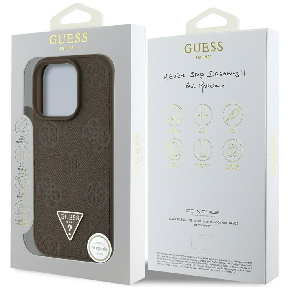 Étui MagSafe pour Apple iPhone 16 Pro, Guess, Peony Grained Hot Stamp Triangle, Marron