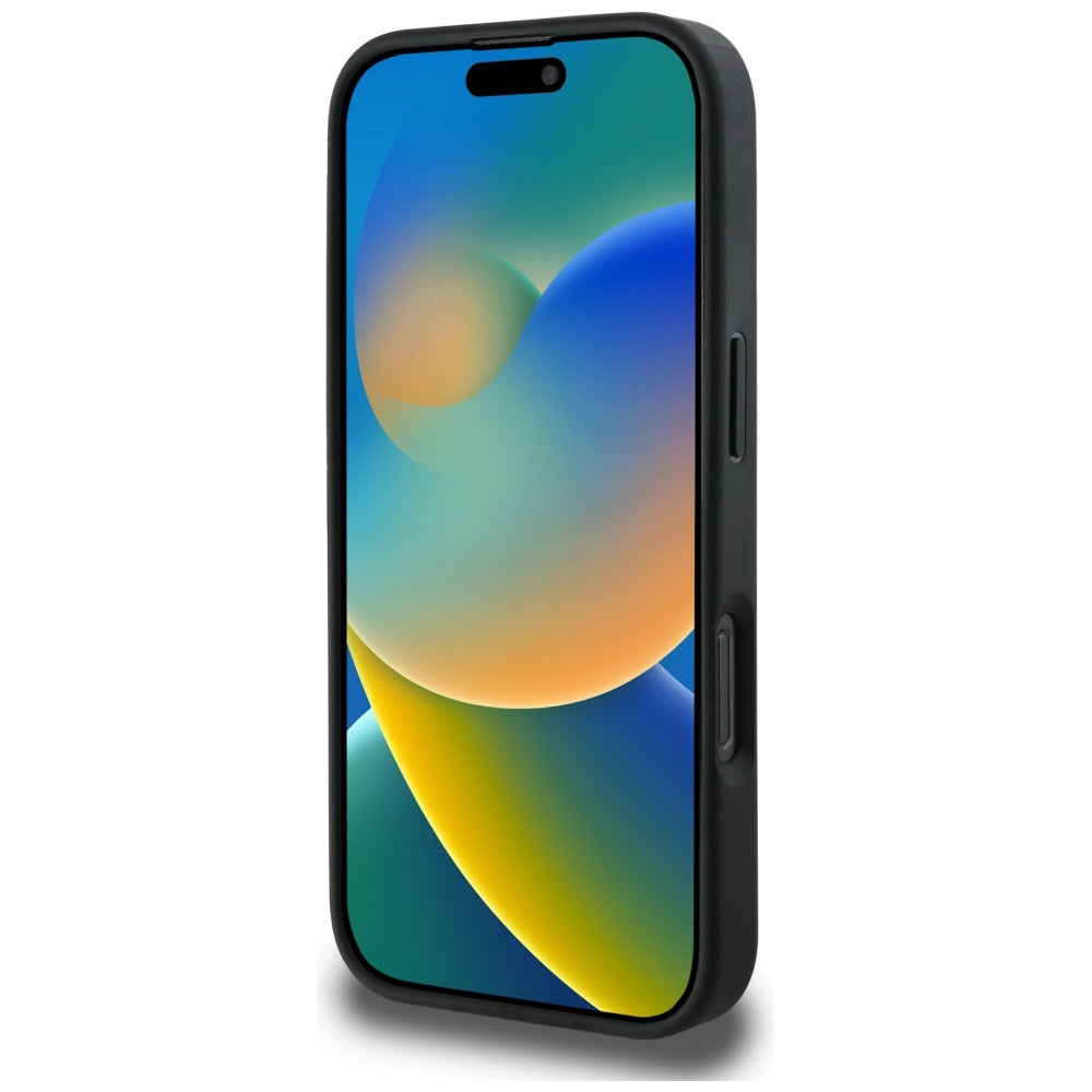 Coque MagSafe pour Apple iPhone 16 Pro, Guess, Peony Grained Hot Stamp Triangle, Noire