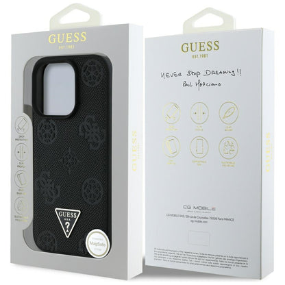 Coque MagSafe pour Apple iPhone 16 Pro, Guess, Peony Grained Hot Stamp Triangle, Noire