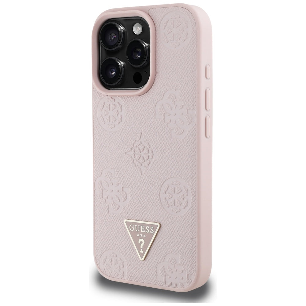 Coque MagSafe pour Apple iPhone 16 Pro, Guess, Peony Grained Hot Stamp Triangle, Rose