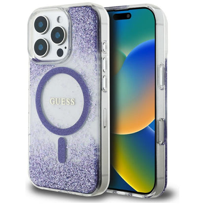 Coque MagSafe pour Apple iPhone 16 Pro, Guess, Resin Bottom Glitter, Violet