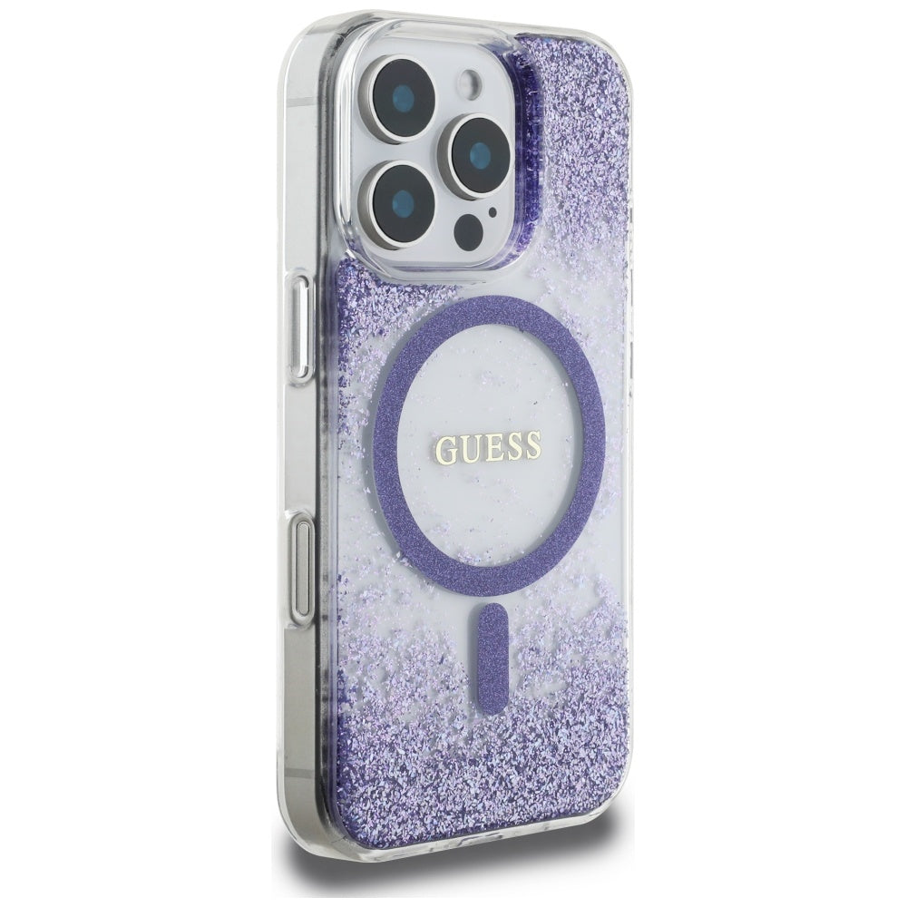 Coque MagSafe pour Apple iPhone 16 Pro, Guess, Resin Bottom Glitter, Violet