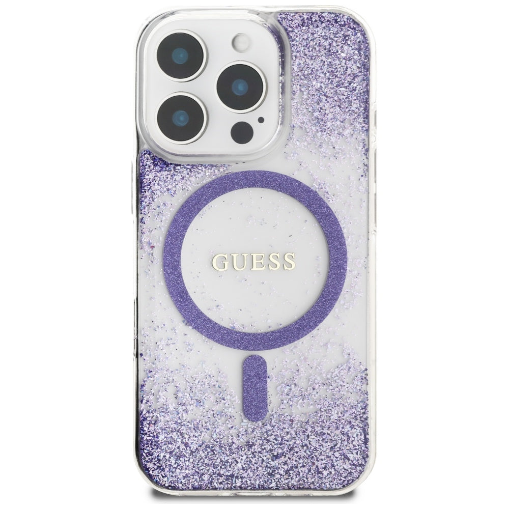 Coque MagSafe pour Apple iPhone 16 Pro, Guess, Resin Bottom Glitter, Violet