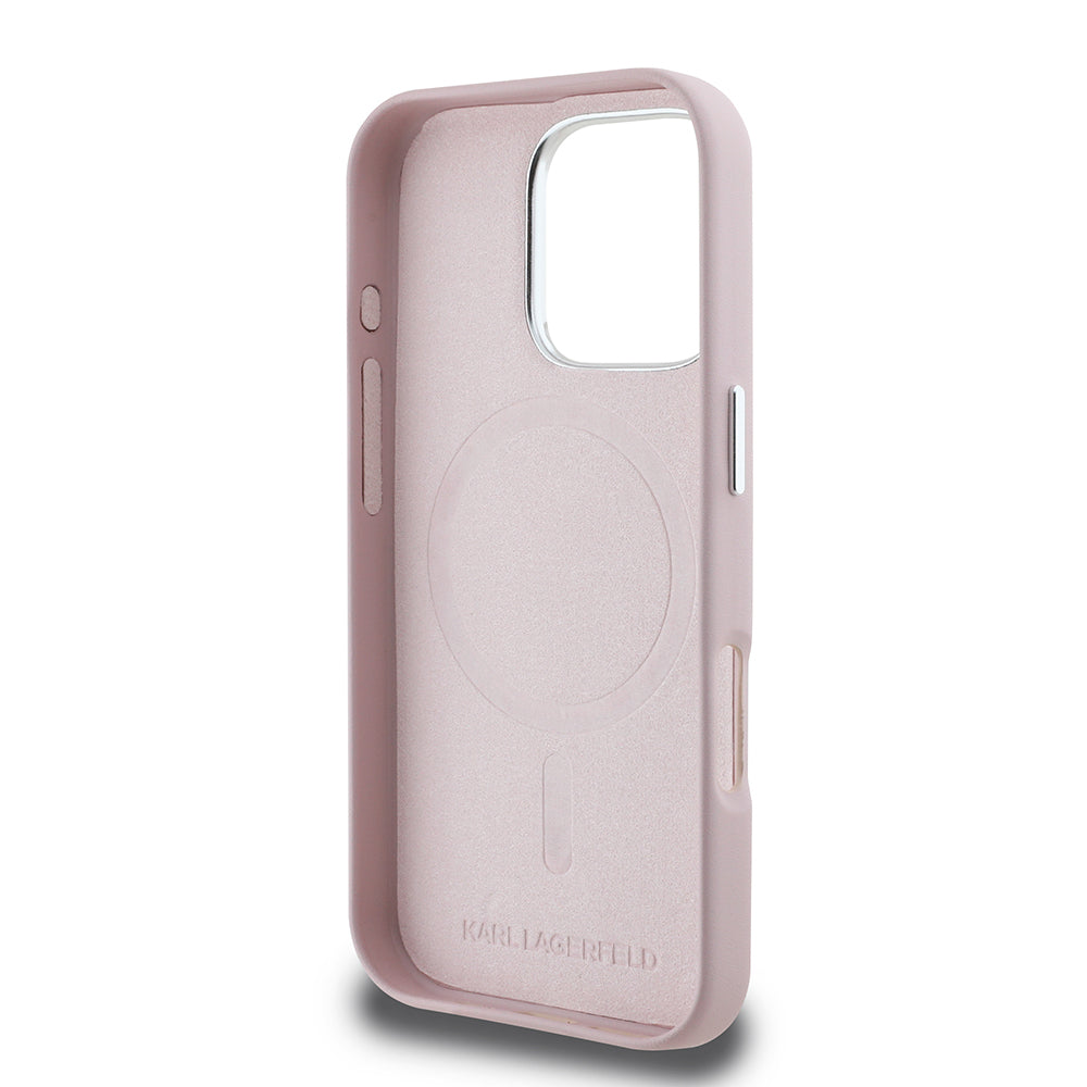 Coque MagSafe pour Apple iPhone 16 Pro, Karl Lagerfeld, Plaque Métallique FW, Rose