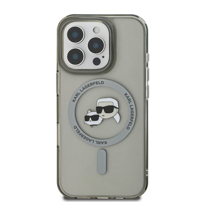 Housse MagSafe pour Apple iPhone 16 Pro, Karl Lagerfeld, IML Metal Karl & Choupette's Heads, Noire