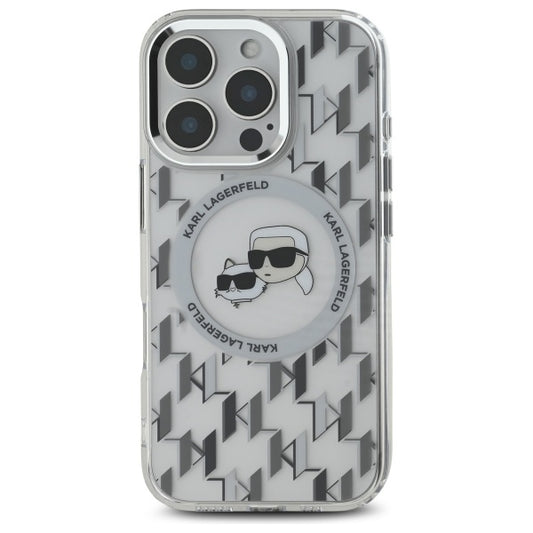 Coque MagSafe pour Apple iPhone 16 Pro, Karl Lagerfeld, IML Monogramme Karl & Choupette's Heads, Transparente