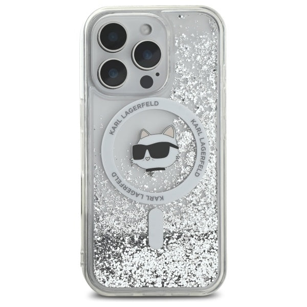 Housse MagSafe pour Apple iPhone 16 Pro, Karl Lagerfeld, Liquid Glitter Choupette's Head, Transparente