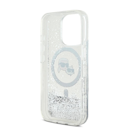 Coque MagSafe pour Apple iPhone 16 Pro, Karl Lagerfeld, Liquid Glitter Karl & Choupette's Heads, Transparente