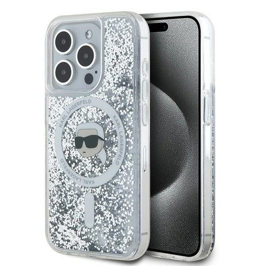 Housse MagSafe pour Apple iPhone 16 Pro, Karl Lagerfeld, Liquid Glitter Karl's Head, Transparente