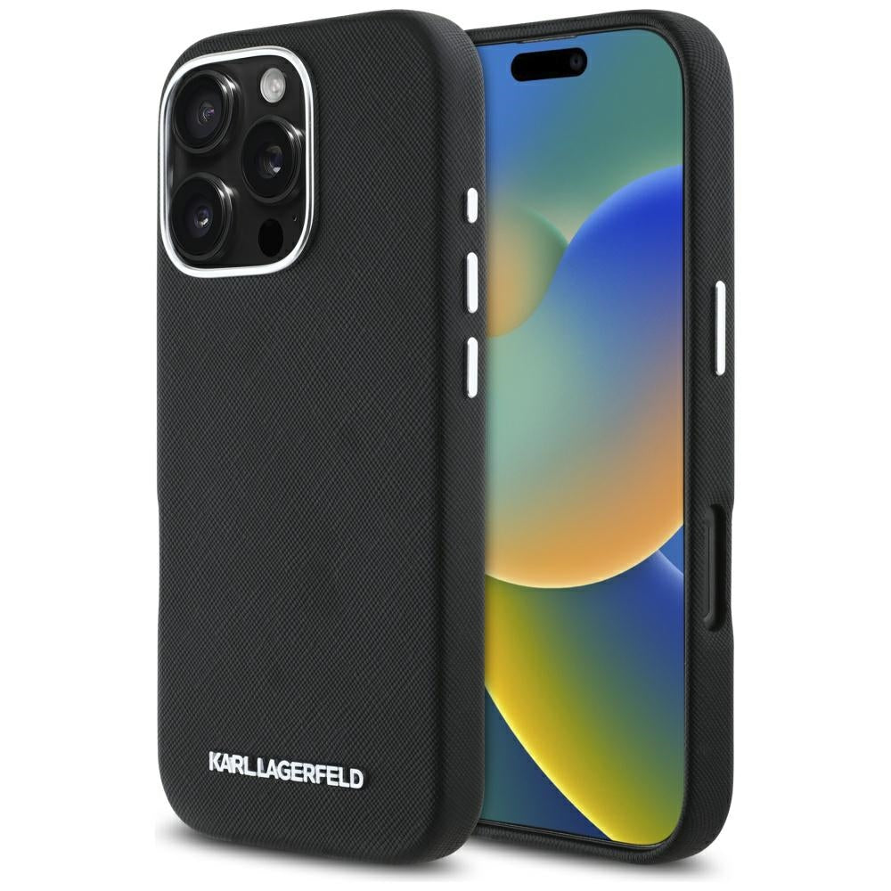 Étui MagSafe pour Apple iPhone 16 Pro, Karl Lagerfeld, Saffiano Full Wrapped Elongated Metal Logo, Noir