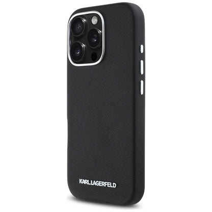 Étui MagSafe pour Apple iPhone 16 Pro, Karl Lagerfeld, Saffiano Full Wrapped Elongated Metal Logo, Noir