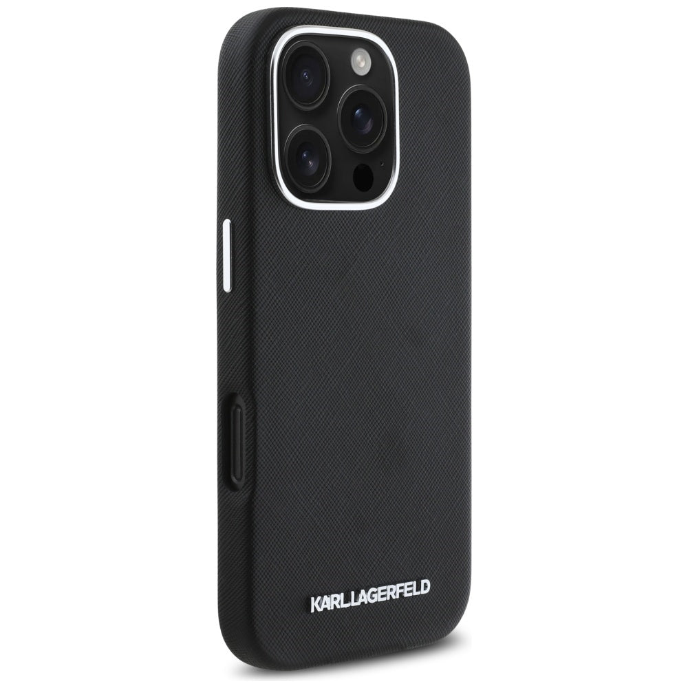 Étui MagSafe pour Apple iPhone 16 Pro, Karl Lagerfeld, Saffiano Full Wrapped Elongated Metal Logo, Noir