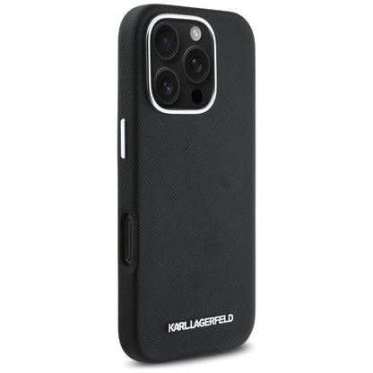 Étui MagSafe pour Apple iPhone 16 Pro, Karl Lagerfeld, Saffiano Full Wrapped Elongated Metal Logo, Noir