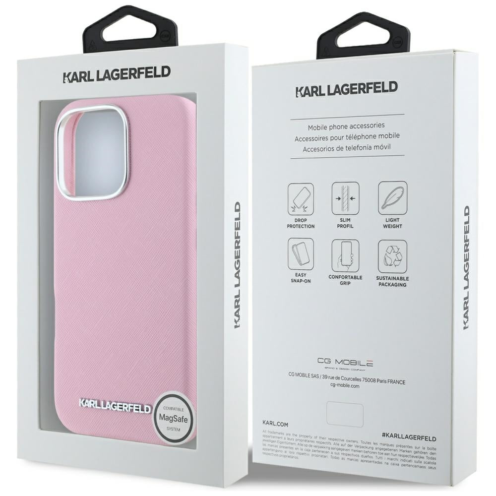 Étui MagSafe pour Apple iPhone 16 Pro, Karl Lagerfeld, Saffiano Full Wrapped Elongated Metal Logo, Rose