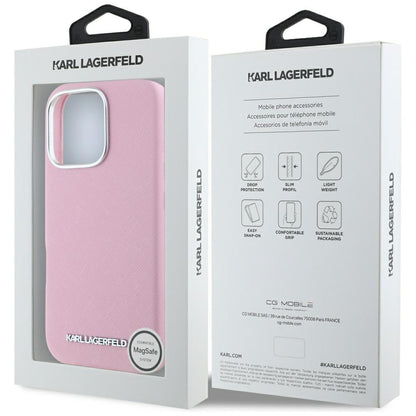 Étui MagSafe pour Apple iPhone 16 Pro, Karl Lagerfeld, Saffiano Full Wrapped Elongated Metal Logo, Rose