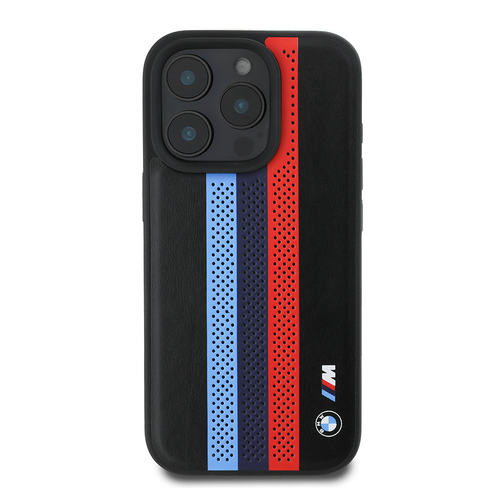 Coque MagSafe pour Apple iPhone 16 Pro Max, BMW, Perforated M Perf. Tricolor Stripers, Noire